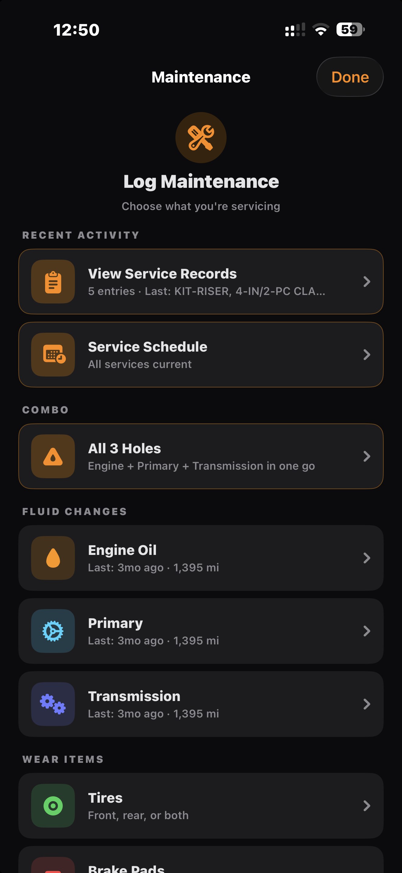 Maintenance hub: All 3 Holes combo, fluid changes with last-service stamps, wear items