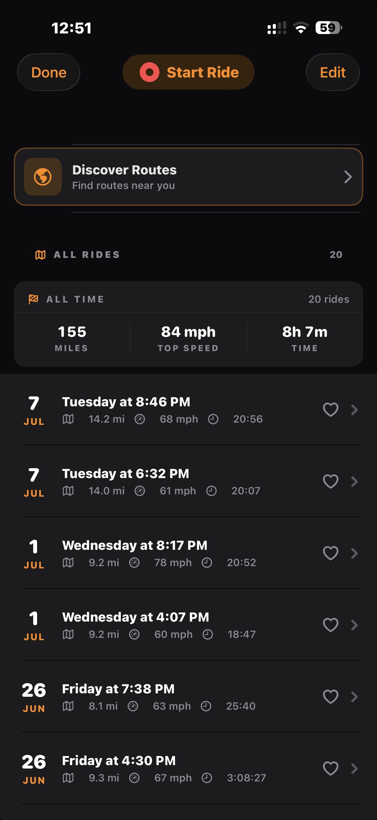 The Rides list with all-time stats, ride history, and the Discover Routes entry