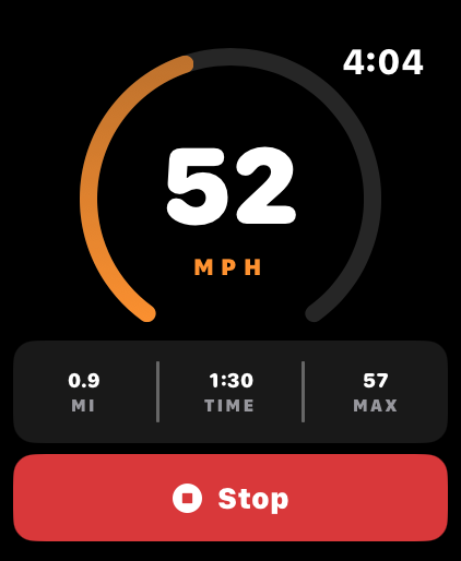 Active ride view on Apple Watch showing speedometer and Stop button