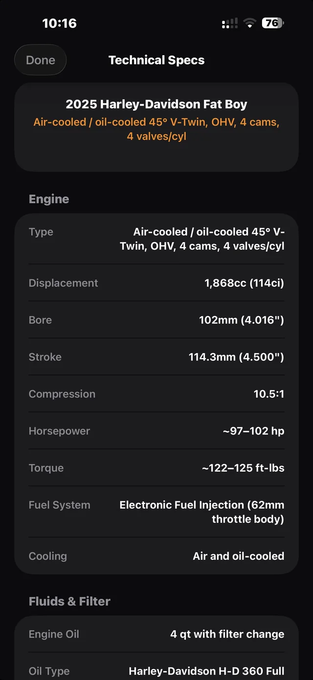 Technical specs for a 2025 Fat Boy: displacement, bore, stroke, compression, torque